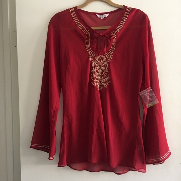 ❤️ Red Kurti-Style Sheer Long Sleeve Tunic Blouse - Picture 5 of 8